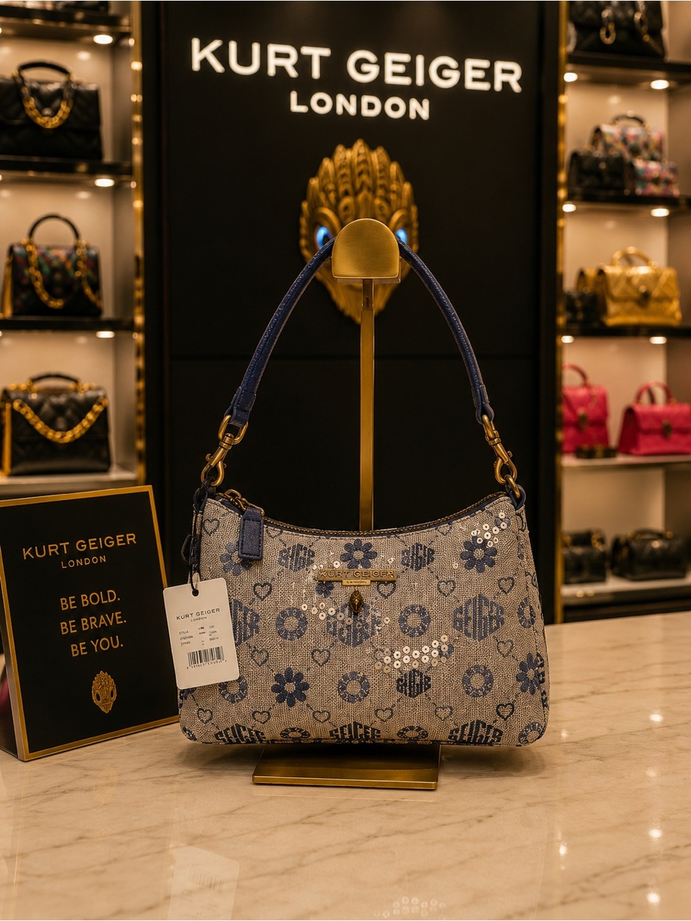 Kurt Geiger Blue Floral Jacquard Shoulder Bag with Navy Handle